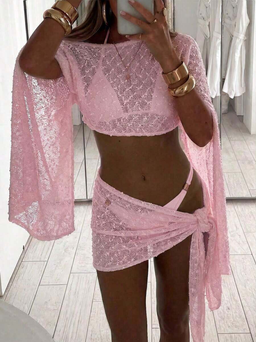 Conjunto de 2 piezas de mujer para primavera/verano con textura de jacquard, blusa tipo chal y minifalda de estilo envolvente, ropa de playa/resort para mujer - Rosa Pálido - Ver 1