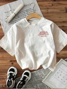 [Double-Sided Print] Vintage Spaghetti Cocktail Pattern T-Shirt, Sketch And Letter Print, Women's Casual Round Neck Top, Spring Outfit, Cotton T-Shirt, Summer T-Shirt. - White - View 2