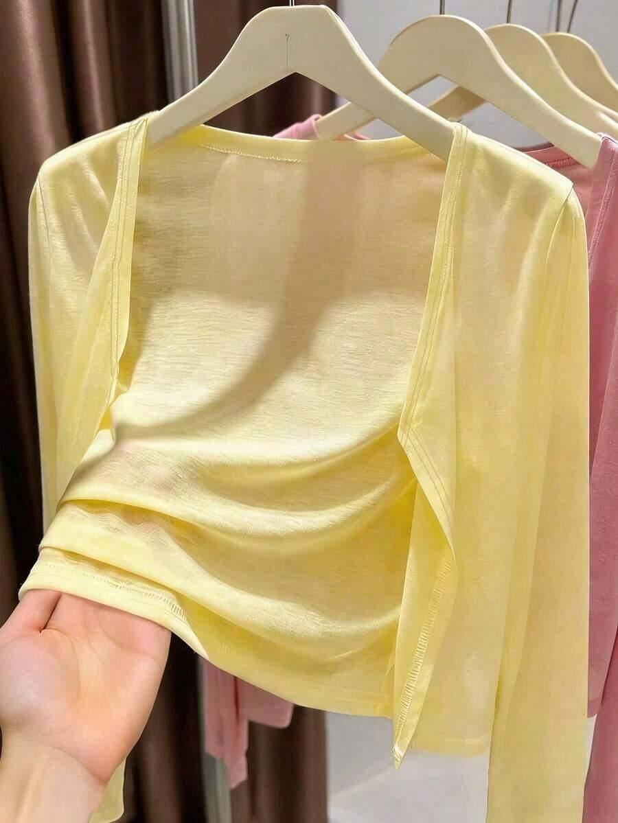Chaqueta de punto ligera de unicolor casual para mujer, primavera/verano - Amarillo - Ver 1