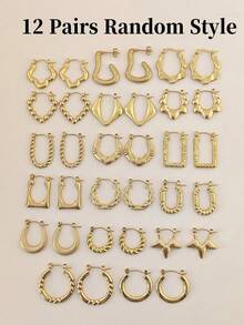 1/4/8/12 Pairs Elegant Gold Tone Earring Set For Women, Unique Designs Including C-Shape, U-Shape, Hoop, Heart, Asymmetrical Geometric, Smooth, Textured Styles, Random Mixed, Suitable For All Occasions! Made Of Quality Stainless Steel, Gentle On Sensitive Skin, Worry-Free Wear To Unlock Refined Look - Gold - View 11