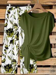 Conjunto de 2 piezas casual de blusa con lazo de estampado de leopardo en contraste y pantalones rectos sueltos - Multicolor 11 - Ver 1
