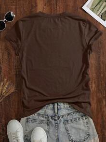 Camiseta de manga corta de cuello redondo informal con estampado de vaca de algodón estilo oeste salvaje para mujer - Café integral - Ver 2