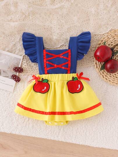1pc Baby Girl Cute Mini Apple Decor Contrast Color Ribbon Cap Sleeve Romper Dress, Lightweight Summer