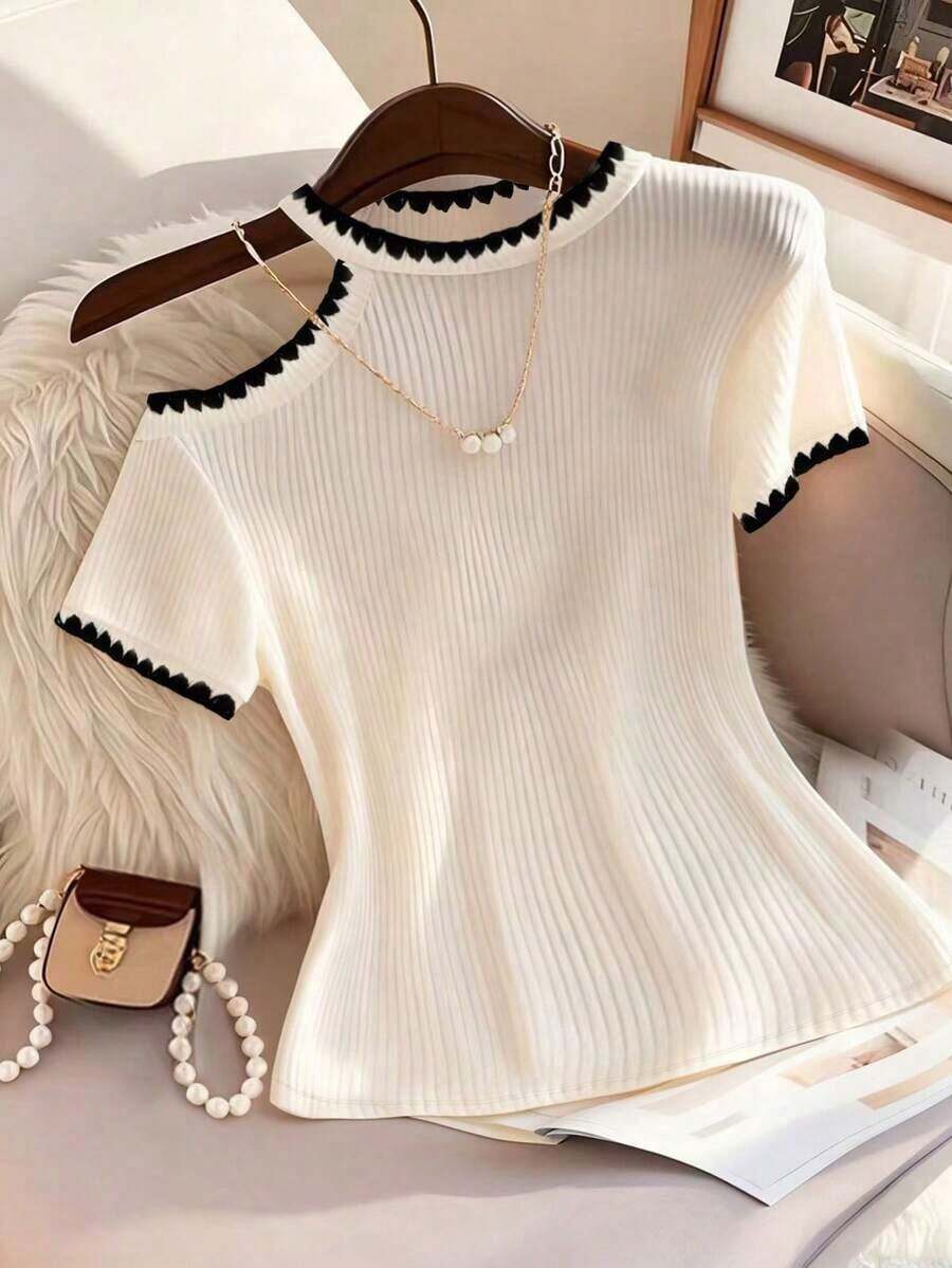 Camiseta casual de mujer con bloques de color y hombros descubiertos, para verano - Albaricoque - Ver 1