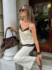 Camiseta de tirantes de mujer de verano casual con estampado de lunares y parches de encaje - Blanco - Ver 7