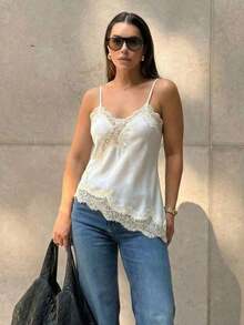 Camiseta sin mangas asimétrica de encaje con contraste de unicolor para mujer, elegante top holgado sin mangas casual de verano - Blanco - Ver 3