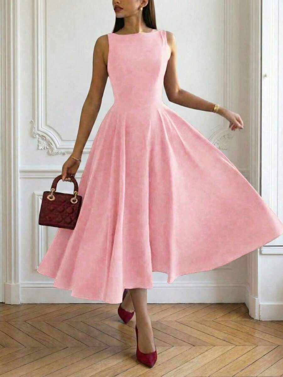 Elegante vestido maxi romántico francés con espalda descubierta, cintura ceñida y diseño calado, encantador y sexy, adecuado para Navidad, fiestas de vacaciones, citas en verano de color negro - Rosa - Ver 1