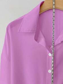 Camisa casual de mujer de un solo pecho de manga larga con hombros caídos y unicolor - Morado - Ver 4