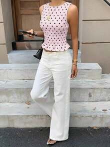 Blusa de lunares elegante y lujosa, blusa de verano azul elegante con fruncidos para mujeres, conjunto sexy con volantes y dobladillo fruncido, top corto sin mangas para vacaciones y playa, camisa de lunares con textura de moda - Rosa - Ver 6