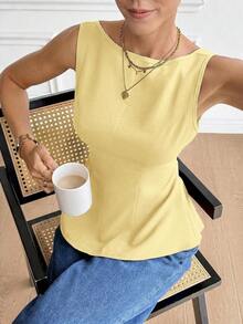 sin mangas con cuello de barco, unicolor, espalda descubierta, decoración de lazo, bajo con volantes, versátil, para vacaciones y citas - Amarillo claro - Ver 5