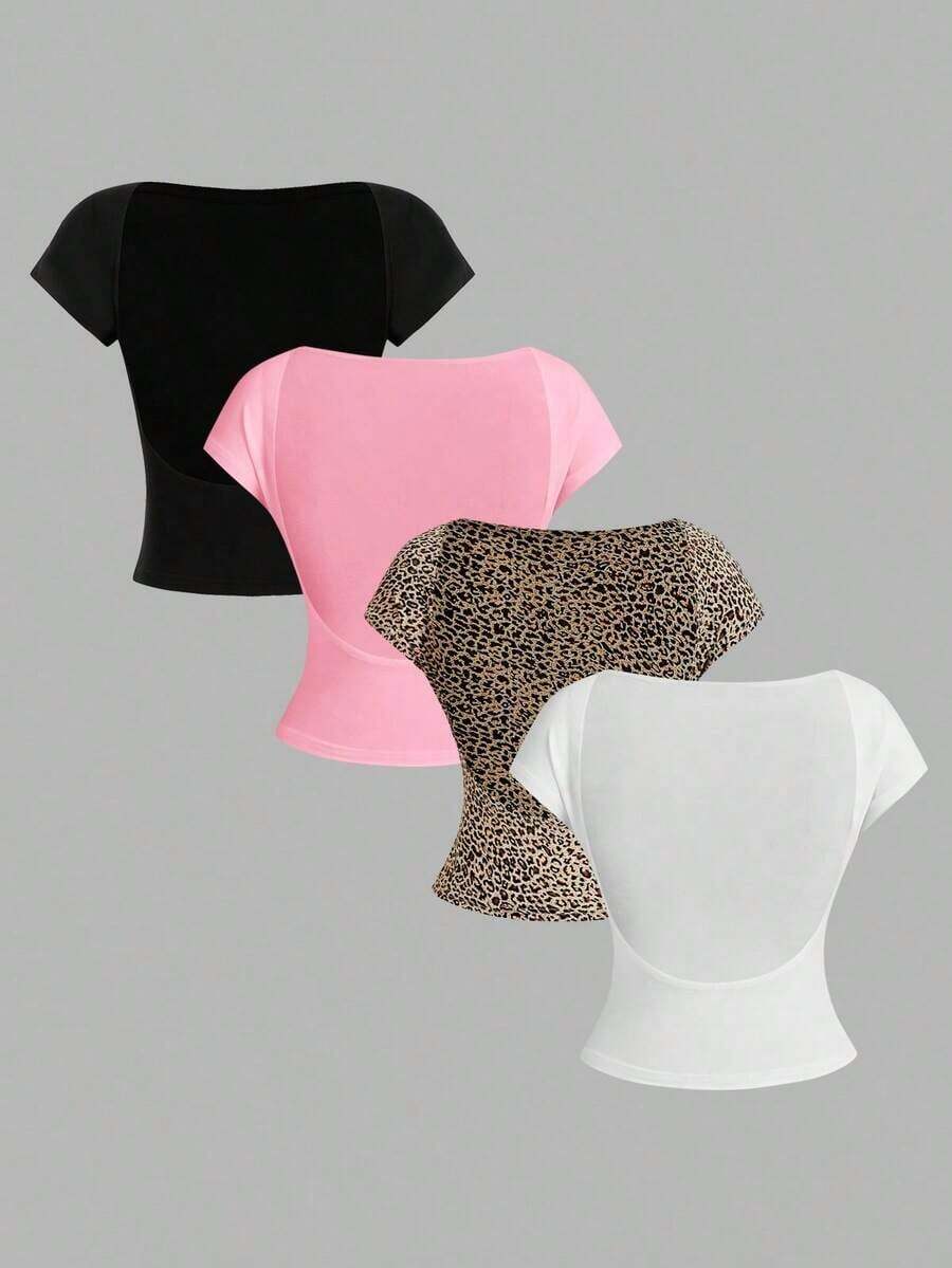 4 piezas Camisetas de mujer de cuello redondo, ajustadas, con espalda descubierta y diseño minimalista de patrones, adecuadas para el verano - Multicolor 5 - Ver 1