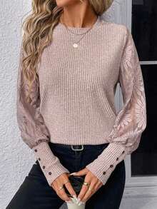 Blusa de mujer con mangas de encaje floral, parches y tejido de gofre, color blanco - Rosa vieja - Ver 8
