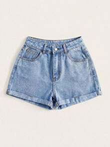 Shorts de mezclilla de cintura alta enrollados de verano - Lavado ligero - Ver 5