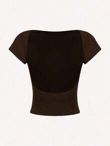4 piezas Camisetas de mujer de unicolor casual, de cuello redondo, ajustadas y con espalda calada, adecuadas para el verano - Multicolor 13 - Ver 5