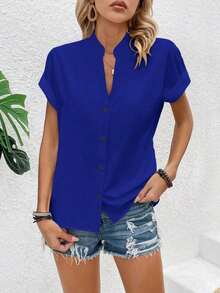 Blusa de manga corta de murciélago de unicolor para mujer, blusas de manga corta - azul real - Ver 3