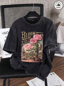 Women's Cotton T-Shirt, Hip-Hop Style, With Fun "Desert Cactus Letters" Print, Custom Floral Design, Desert Print, Street Style, Korean Version, Comfortable, Retro, Fashionable, Versatile, Y2K Clothing, Women's Clothing, Suitable For Outdoor Leisure, Regular Niche Punk Style, Black Short-Sleeved Round Neck T-Shirt, Fitted And Washed. - 白色 - 查看 7