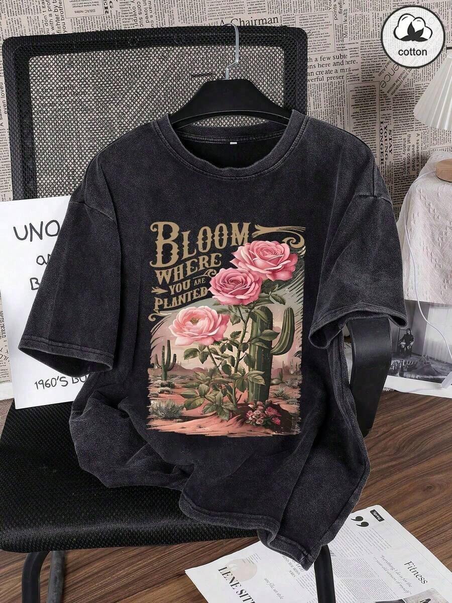 Women's Cotton T-Shirt, Hip-Hop Style, With Fun "Desert Cactus Letters" Print, Custom Floral Design, Desert Print, Street Style, Korean Version, Comfortable, Retro, Fashionable, Versatile, Y2K Clothing, Women's Clothing, Suitable For Outdoor Leisure, Regular Niche Punk Style, Black Short-Sleeved Round Neck T-Shirt, Fitted And Washed. - 黑色 - 查看 1