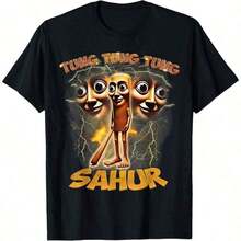 100% cotton Camiseta estampada de algodón puro de para hombre y mujer, con diseño divertido "Tung Tung Tung Sahur", meme gracioso, diseño italiano, tela de algodón transpirable, textura de punto cómoda y suave, duradera y fácil de limpiar, lavable a máquina, ideal para amantes de los memes. - Negro - Ver 8