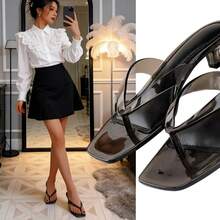 Sandal quai ngang mũi vuông, dép xỏ ngón gót thấp, giày nhựa đế thấp - màu đen - Xem 1