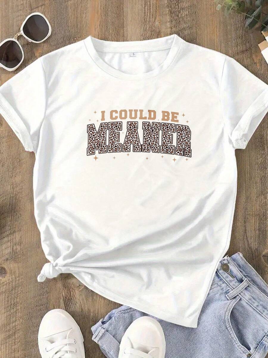 Women Pure Cotton T-Shirt Fun Print Words I Could Be Meaner Leopard Pattern Cute T-Shirt Summer Clothing Y2K Fashion High Quality Summer Wear Party Women's Outfit Casual Top For Everyday Style And Beach Vibes - 白色 - 查看 1