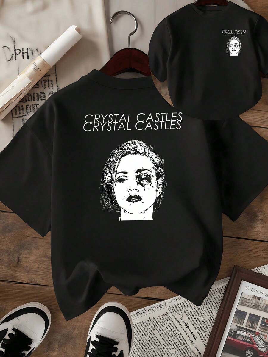 Rostro artístico formado por trazos blancos que expresa una sensación de dualidad entre la luz y la oscuridad simbolizando la fuerza interior y la búsqueda de identidad camisetas de mujer con impresión doble moderna y casual - Negro - Ver 1