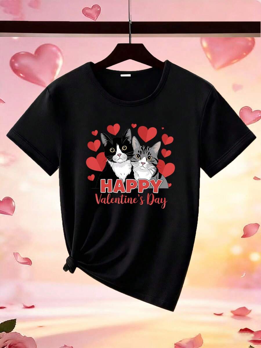 Limited Edition Women's Spring T-Shirt - Fashionable Short-Sleeved Shirt With A Cat And Heart Print, Perfect For A Romantic Valentine's Day. This Comfortable, Soft Shirt Features A Cat And Heart Design. - 黑色 - 查看 1