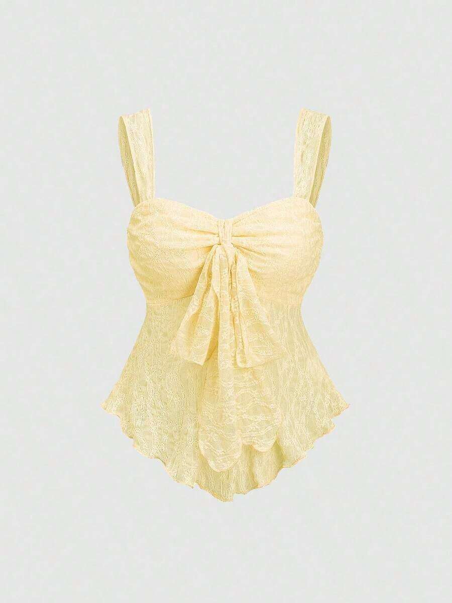Top corto tipo tubo con lazo y estampado texturizado - Amarillo - Ver 1
