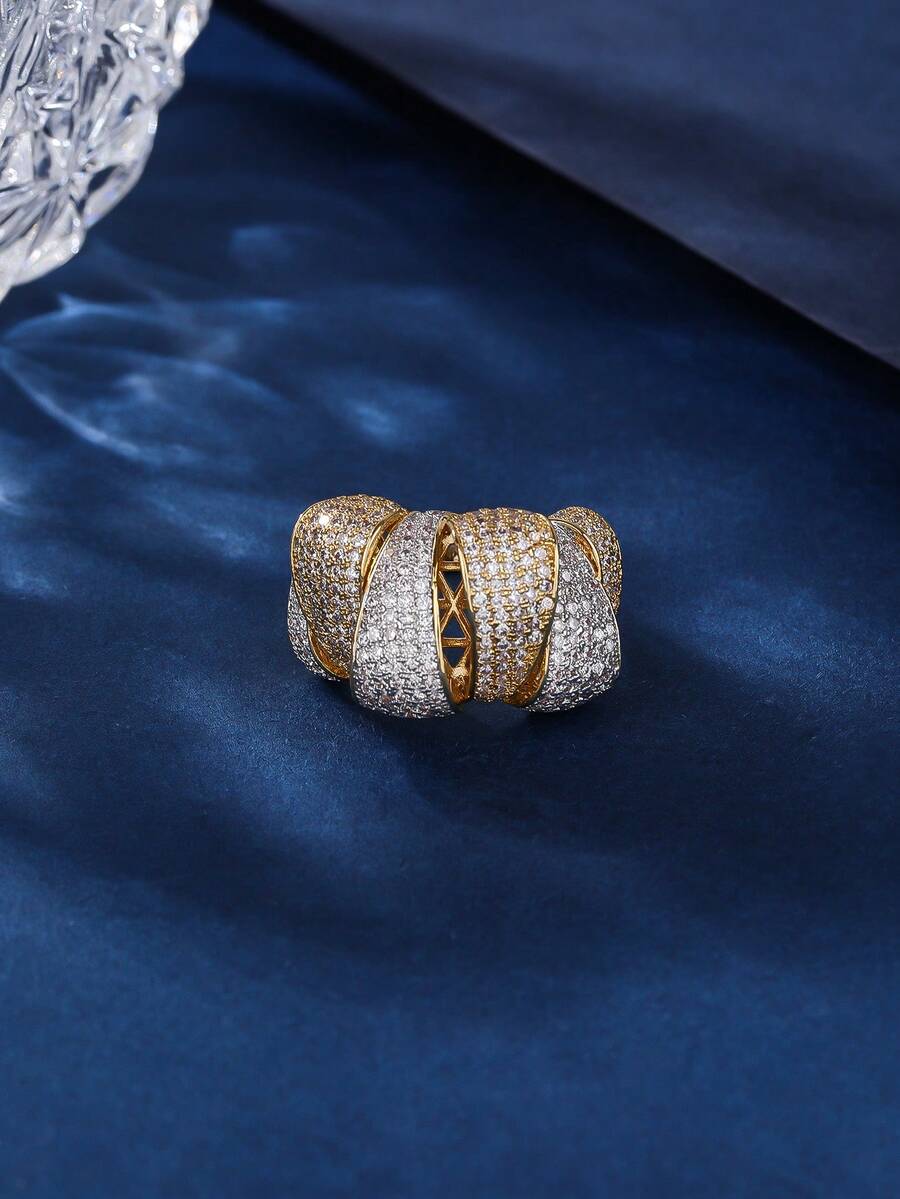 1 pieza Joyería gruesa de material de cobre, muy adornada con diseño envuelto, anillo grande, elegante y encantador, adecuado como regalo o uso diario para mujeres - dos colores - Ver 1