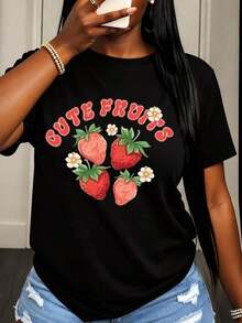 Women's Casual T-Shirt With Strawberry Print, Vintage Urban Style, Unisex, Cotton, Short Sleeve, Round Neck, For Daily Use - Women's Blouses, Women's T-Shirts, Casual Blouses For Ladies. - 黑色 - 查看 7