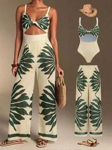 Swim Oasis Traje de baño de una pieza con camisola de patchwork de colores y pantalones de pierna ancha, adecuado para vacaciones en la playa, fiestas en la piscina y fiestas en la playa - Verde 2 - Ver 1