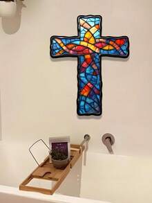 1pc Colorful Glass Textured Cross Iron Wall Decor, Vintage Style Wall Hanging Ornament, Retro Religious Home Decor Hanging Piece, Suitable For Bathroom, Living Room, Bedroom, Wall Decoration - Cross - View 10