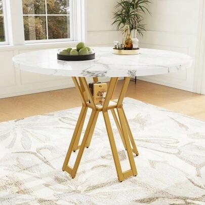 Round Dining Table (100 X 100 X 76 Cm), Lightweight And Luxurious Round Table For 4-6 People, Suitable For Dining Rooms And Living Rooms, Gold Legs, Marbled MDF Tabletop
