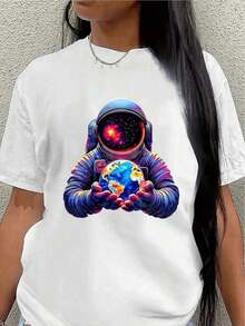 Loose Black Short Sleeve T-Shirt With Astronaut Holding The Earth Pattern - Lightweight Space-Themed Top, Casual Crew Neck T-Shirt, Suitable For Daily Wear, Machine Washable And Durable, Suitable For Home, Office Or Outdoors - Space Earth Pattern Clothing Cotton Women's T-Shirt, Breathable And Sweat-Absorbent Summer Short Sleeve - 白色的 - 查看 7