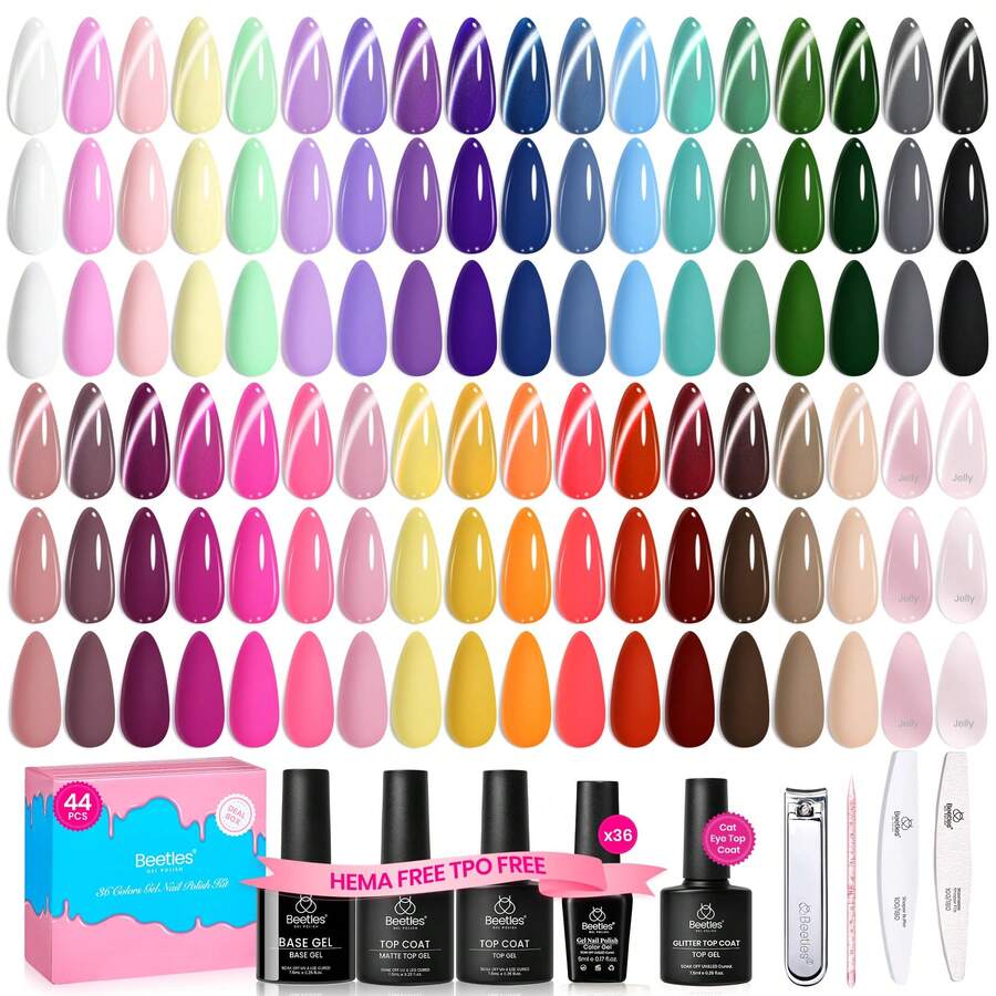 Beetles Summer Box 44Pcs 36 Colors Summer Gel Nail Polish Set, HEMA-Free TPO-Free Soak Off UV Gel Harmony Palette, Base Coat, Glossy Matte & Cat Eye Top Coat With Nail Tools, DIY Nail Art Gift For Women - 44Pcs 36 Colors Harmony Palette - 查看 1