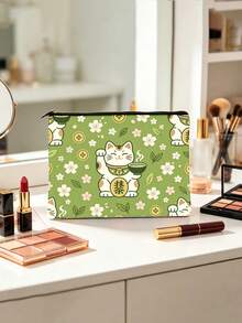 Túi đựng mỹ phẩm in hình mèo Maneki-Neko trà xanh và hoa anh đào, kiểu Nhật Bản, có khóa kéo. - Nhiều màu - Xem 3