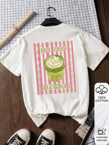 Damblus med grafiskt tryck, 100% bomull, kortärmad, mjukt tyg, tryckt design, sommar-t-shirt, semesteroutfit, sommaroutfit i resestil. - Vit - Visa 2