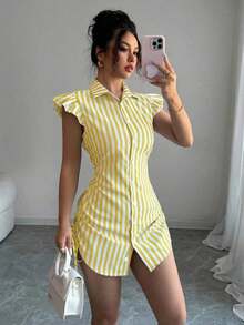 Vestido camisa elegante de vacaciones con mangas acampanadas, cintura fruncida y rayas azules - Amarillo - Ver 4