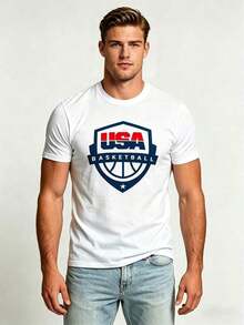 1 Piece Of USA Basketball Jersey, White Round Neck T-Shirt, Casual Cotton T-Shirt For Daily Wear, Lightweight Summer T-Shirt, 180g 100% Cotton. - 白色 - 查看 10