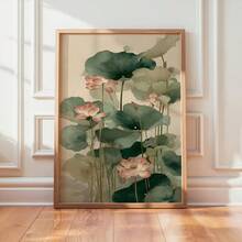 中式风格墙面艺术 莲花海报 水彩莲花帆布画 花卉墙面装饰 帆布艺术画 适用于客厅、卧室、浴室 礼品 无框 - A - 查看 10