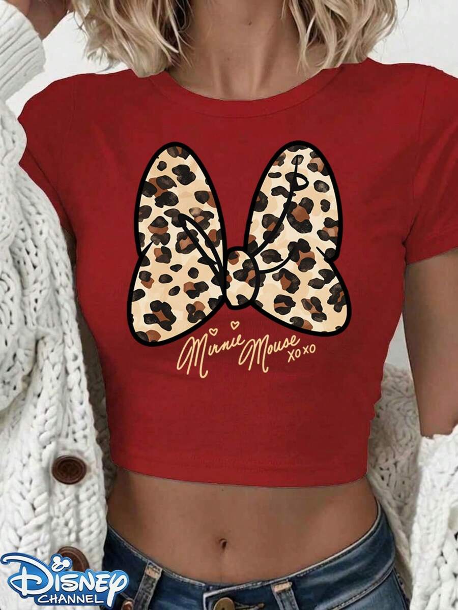 Authentic Disney: Featuring A Brand-New Minnie Mouse Design With A Stylish Leopard-Print Bow Graphic, This Women's Casual T-Shirt Offers A Slim-Fit, Cropped Silhouette With A Classic Crew Neck. A Summer Wardrobe Staple Crafted From Polyester, It Is Versatile Enough For Everyday Wear, Casual Outings, And Travel. Designed For Comfort With A Relaxed Fit, It Makes An Ideal And Perfect Gift For Her. Machine Washable. (Tags: Holiday Outfits For Women, Festival Outfits, Linen Shirt, White Top)The Sizing Runs Small; If You Prefer A Loose Fit, Please Choose One Size Up. - Đỏ - Xem 1