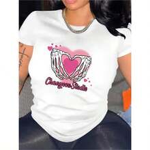 Women's Casual Summer T-Shirt With Round Neck, Short Sleeves And Fitted, Featuring An Oil Painting Print With Floral, Heart, Cherry And Lettering. - 白色-YH437 - 查看 6