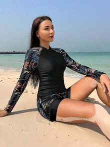 Swim SPRTY Rashguard de manga raglán con estampado tropical para playa de verano - Multicolor 2 - Ver 5