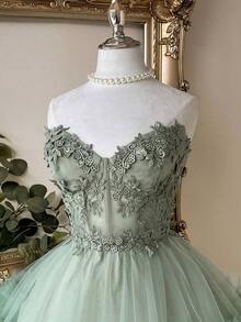 Elegante y lujoso vestido corto hecho a mano con aplicaciones bordadas, encaje de ganchillo y parches de satén, con abertura en la cintura, adecuado para citas, fiestas de solteros, galas, bailes, Día de San Valentín - Verde - Ver 4