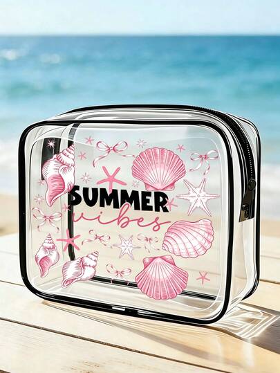 1 chiếc túi đi biển bằng PVC chống thấm nước in chữ "Summer" trang trí vỏ sò và sao biển, túi đựng mỹ phẩm PVC, túi đựng đồ du lịch PVC có khóa kéo, túi đựng đồ vệ sinh cá nhân nhẹ, chống phai màu, phù hợp cho cả nam và nữ, hộp đựng trang điểm di động được TSA chấp thuận, thiết kế dễ lau chùi, lý tưởng cho các bà mẹ, giáo viên, bạn bè, y tá, trường học, kỳ nghỉ, đồ dùng cần thiết cho năm học mới, quà tặng Ngày của Mẹ, vật dụng cần thiết cho mùa hè.