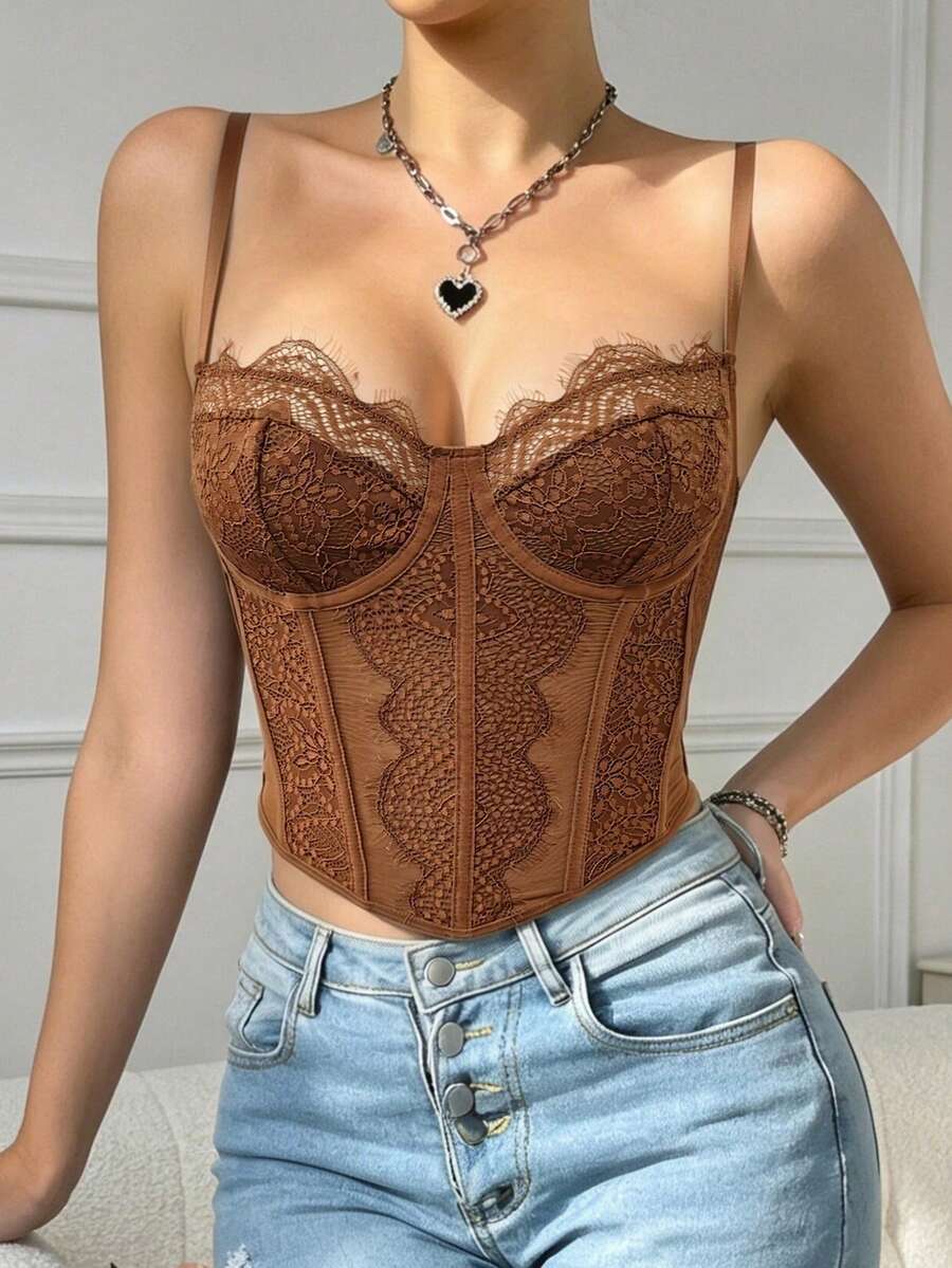 RAHQ Brown Eyelash Lace Corset Crop Top – Versatile Layering Piece For Street Style & Daily Wear - Brown - View 1