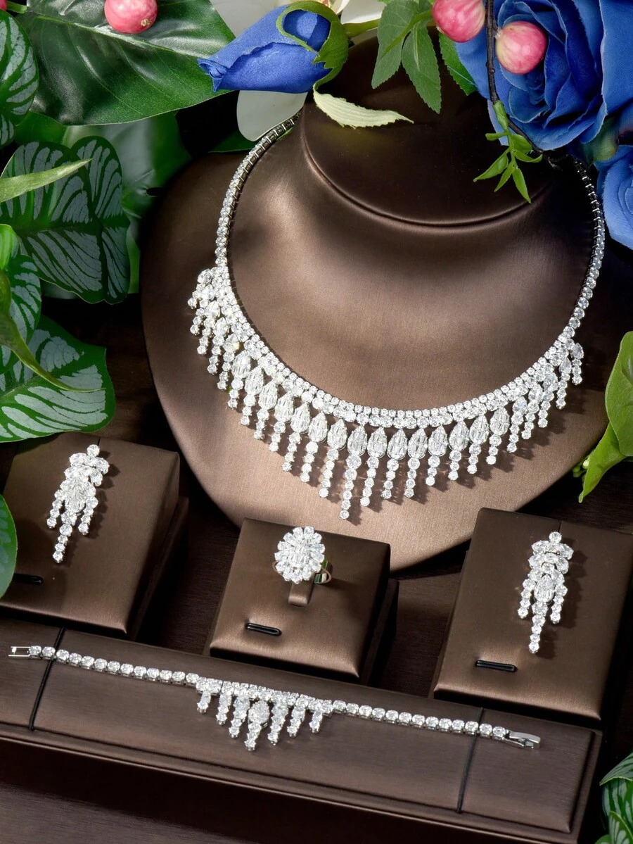 1 Set de Joyería de Borla con Circonita Cúbica Lujosa, Adecuado para Vestimenta de Boda de Mujer - Plateado - Ver 1