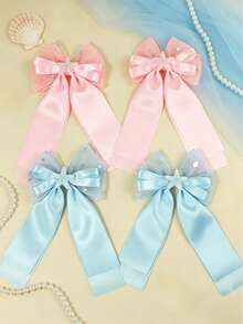 2pcs Solid Color Mesh Bowknot Hair Clips, Matching Starfish Hair Pins, Versatile Casual Style Hair Accessories, Suitable For Beach, Party Wear - Multicolor - View 3