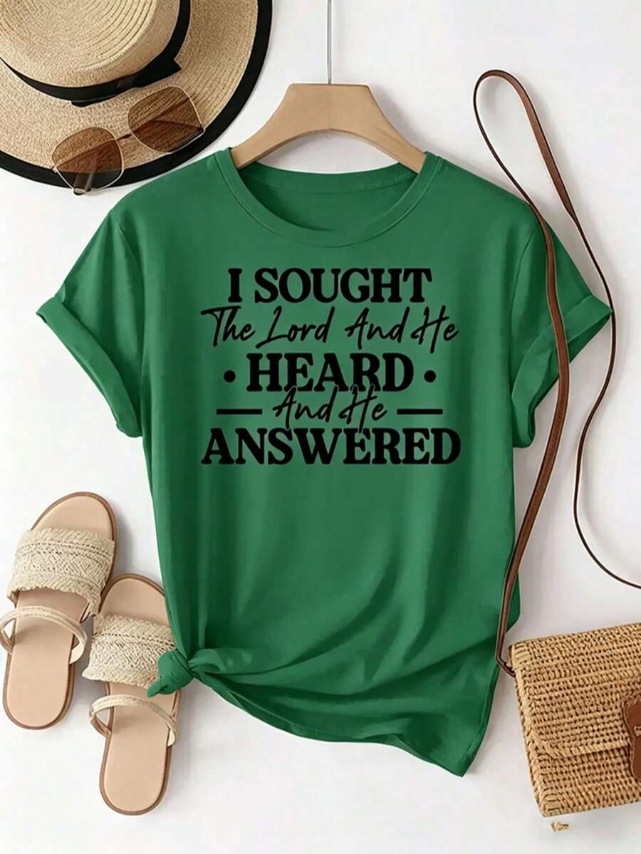 Printed With The Text Pattern "I Sought The Lord, And He Heard And Answered Me". Women's Casual Daily Crew Neck Short-Sleeve Fashionable Sports T-Shirt With Printed Pattern, Comfortable To Wear; Women's Green Short-Sleeve Top - 綠色 - 查看 1