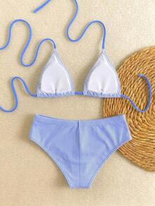 Nuevo conjunto de bikini con estampado de lunares sexy, espalda descubierta y lazo, con tirantes de espagueti para playa y piscina en vacaciones - Caqui - Ver 7