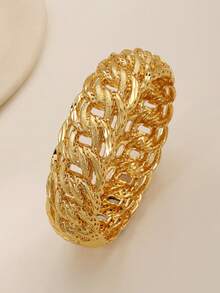 1pc Vintage Ornate Copper-Gilded Woven Bracelet, Hollow Wide Version Bracelet, Openable Bangle From Dubai, Suitable For Women's Weddings/Party Wye-Catching Jewelry, Unique And Grand Wristband - Yellow Gold - View 5